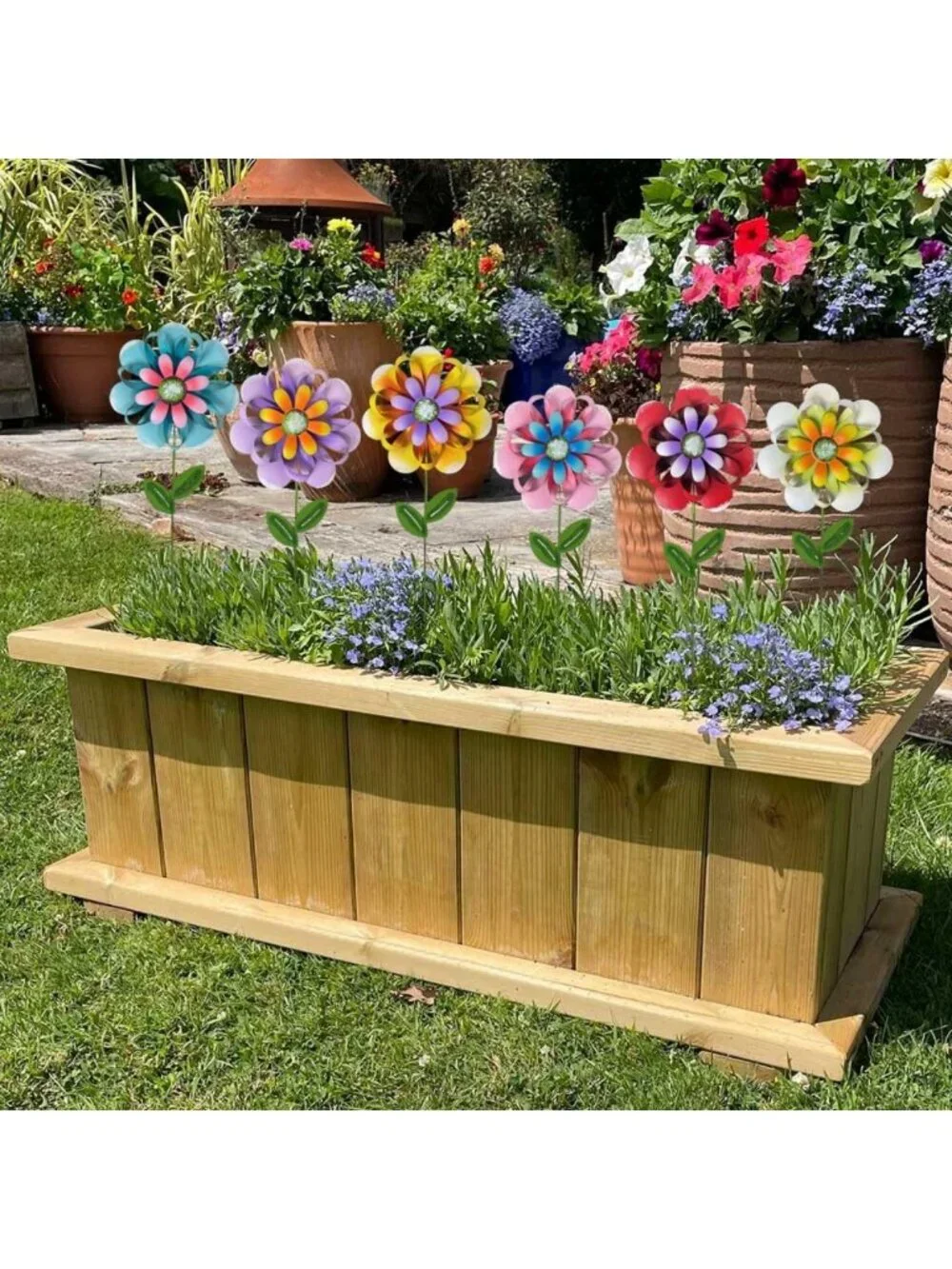 Colorful Metal Flower Garden Stakes Set of 6 - Large Decorative Outdoor Decor